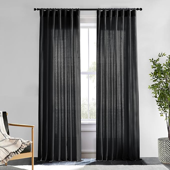 XTMYI Black Curtains 96 Inches Long for Bedroom 2 Panels Linen Sheer Lace Farmhouse Boho Gothic Curtain Drapes for Living Room Home Decor