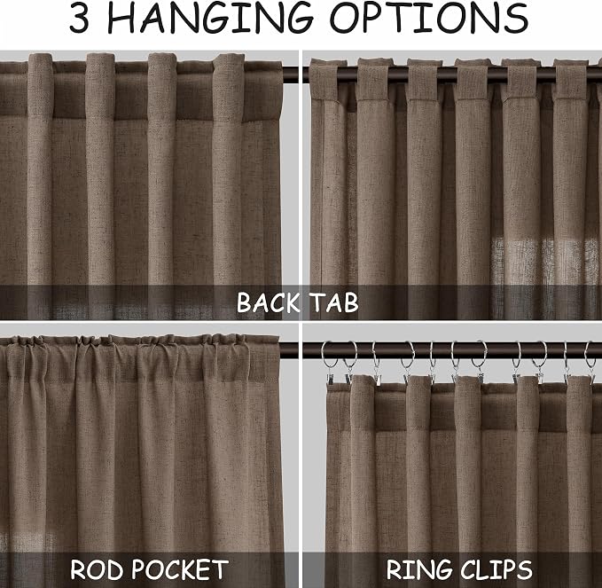 Extra Long Light Brown Curtain 108 Inches Long 2 Panels Set Back Tab Linen Drapes for Living Room Neutral Farmhouse Light Filtering Semi Sheer Linen Curtains 108 Inch Length for Large Window 9 FT