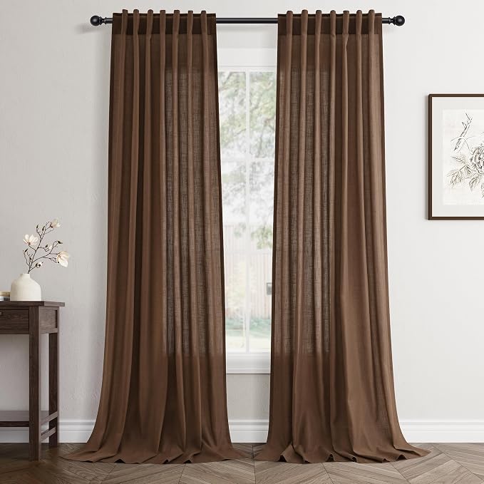 Jowels Caramel Brown Linen Curtains 84 Inch Long 2 Panels for Living Room | Light Filtering Semi Sheer Curtain, Back Tab Pocket Pleated Look, Boho Farmhouse Textured Privacy Drapes for Bedroom Window