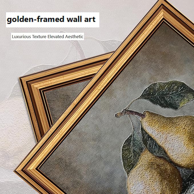 Vintage Gold Framed 3D Textured Wall Art Rustic Pear Still Life Wall Decor Picture Country Farmhouse Kitchen Antique Fruit Poster Cottagecore Aesthetic Print for Gallery Home Decoration 12x16in