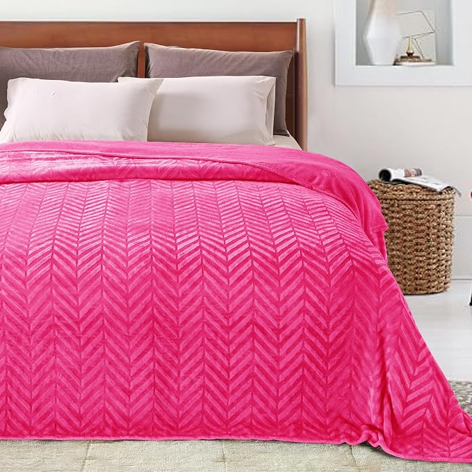 Whale Flotilla Flannel Fleece Bed Blanket Twin Size, Hot Pink | Lightweight Breathable Soft Bedspread, Plush Fluffy Coverlet Chevron Design Decorative Blanket for All Season, 60x80 Inch
