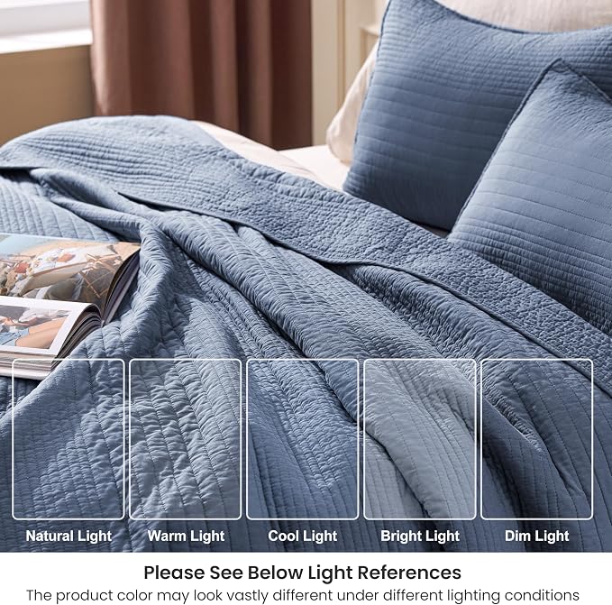 Love's cabin Queen Size Cotton Quilt Set, 100% Cotton Fabric Striped Textured Coverlet with Crinkled Look, Lightweight Quilted Bedspread for All Season, Includes 2 Pillow Shams, Bluish Grey | Lightweight