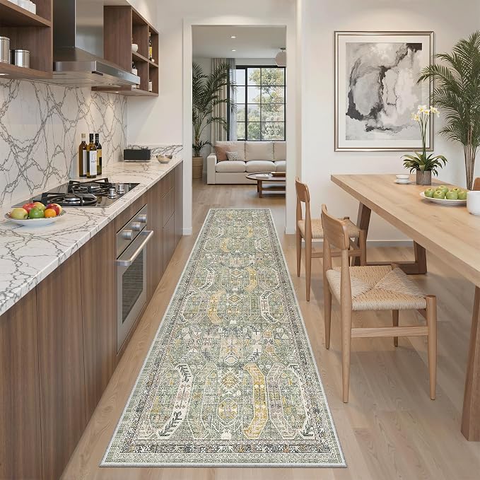 Madane Hallway Runner Rug 2x8 Washable Kitchen Rugs Non-Slip, Green/Gold | Vintage Machine Washable Low-Pile Floor Carpet 8ft, Soft Ultra-Thin Throw Entry Foyer Mat for Entrance Laundry Living Room