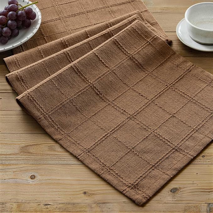 ZeeMart Linen Checked Farmhouse Table Runner, 13x108 Inches Roasted Brown | Raised Grid Design, Rich Woven Texture, Linen Blend Table Runners 108 Inches Long, Machine Washable, Boho Home Kitchen Decor