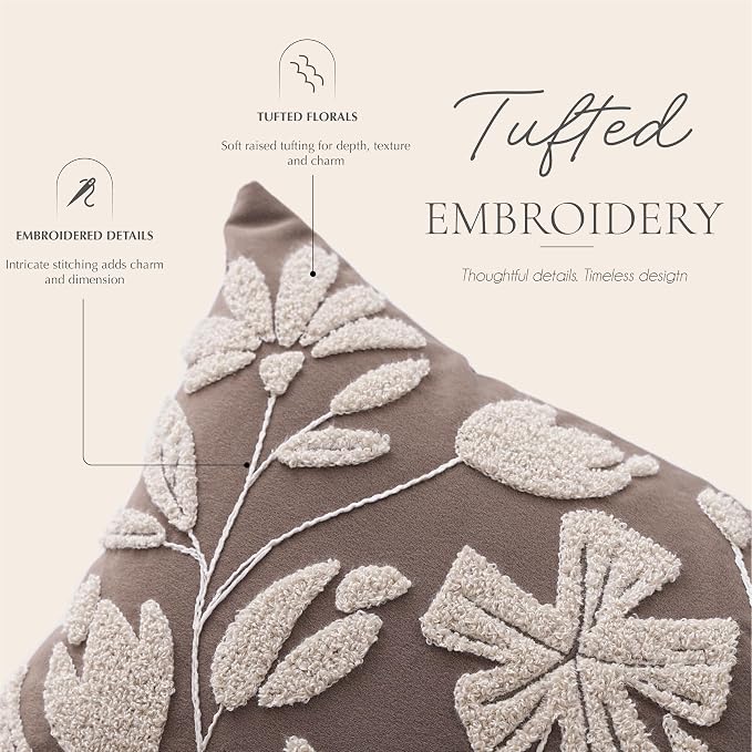 BlissBlush Long Lumbar Pillow Cover 14x36 for Bed, Taupe Brown Floral Tufted Velvet Accent Oversize Throw Pillowcase for Bedroom, Cover Only
