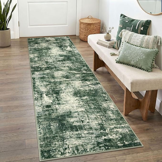 Lansny Abstract Washable 2x6 Hallway Runner Rug Non Slip Kitchen Runner | Green;Thin Printed Faux Wool Rug Runners;Entryway Runner Indoor;Rubber Backed 6ft Carpet Runners for Hall;Bedroom Runner