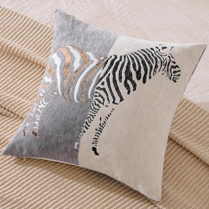 AmHoo Set of 2 Throw Pillow Covers Zebra Chenille Patchwork Decorative Pillows Cover Pillowcase for Sofa Couch Bed 18 x 18-Inch Gray