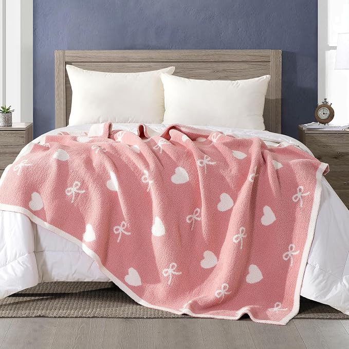 Elegant Comfort Premium Valentine's Day Throw Blanket - Ultra Soft and Lightweight, Luxury Knitted Breathable Love Pink Hearts Warm and Cozy Valentine Decor Blankets, 50 x 70 Inch, Hearts and Bows