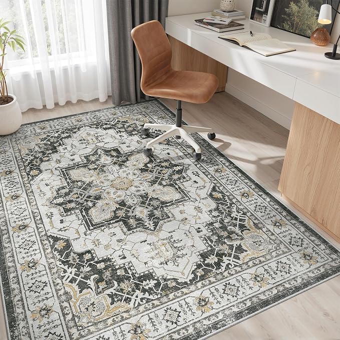 Madane 6x9 Area Rugs for Living Room, Soft Vintage Washable Rug, Black | Stain Resistant Floor Carpet With Non-Slip Backing For Bedroom, Dining Bedroom And Office, Low-Pile Home Decor Mat