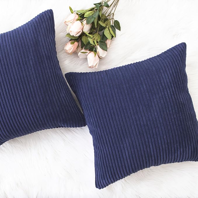 Home Brilliant 2 Packs Corduroy Pillows Cover 22x22 Throw Pillow Covers for Couch Striped Velvet Pillowcases, 55cm x 55cm, 22 x 22 Inch, Navy Blue
