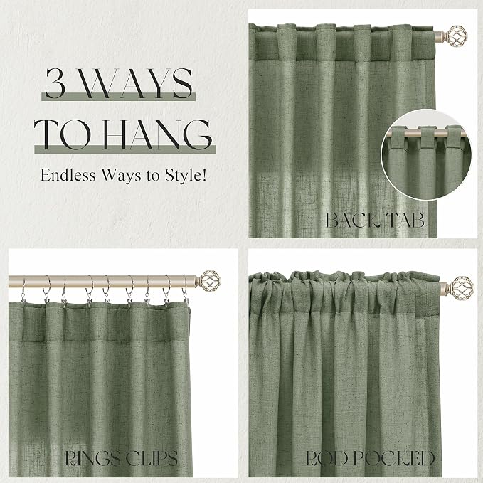 Jowels Desert Sage Linen Curtains 84 Inch Long 2 Panels for Living Room | Light Filtering Semi Sheer Curtain, Back Tab Pocket Pleated Look, Boho Farmhouse Textured Privacy Drapes for Bedroom Window