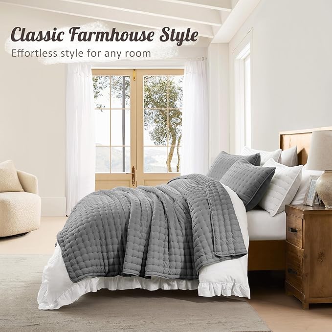 WDCOZY Dark Grey King Size Quilt Bedding Sets with Pillow Shams, Deep Lightweight Bedspread Coverlet, Quilted Blanket Thin Comforter Bed Cover, All Season Summer Spring, 3 Pieces, 104x90 inches