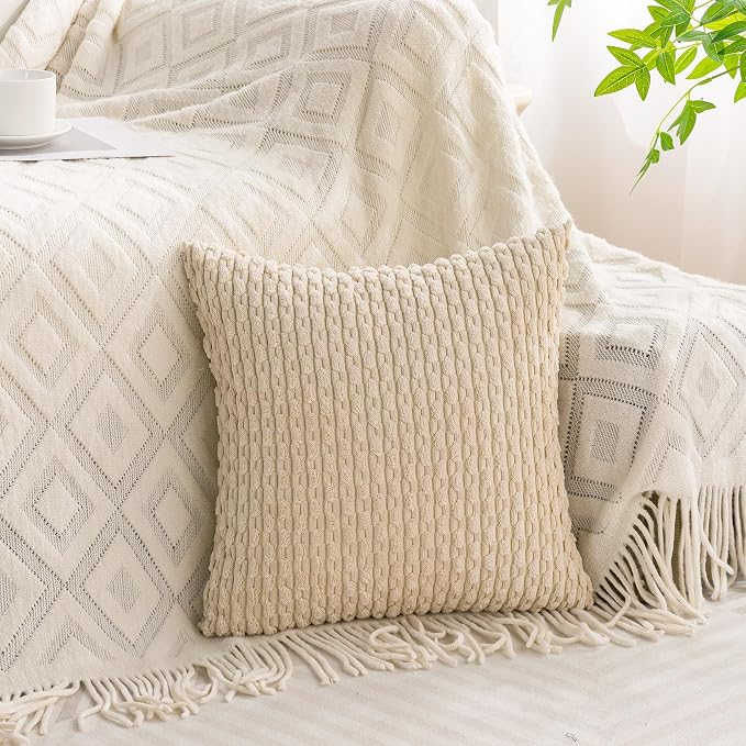 Set of 4 Beige Brown Coffee Decorative Throw Pillow Covers 18x18 Inch Corduroy Pillow Covers for Bed Couch Sofa Living Room Soft Square Cushion Cases