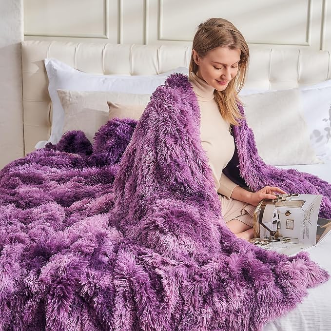 GONAAP Fuzzy Faux Fur Queen Blanket for Couch, Violet Purple, 90"x90" | Warm Cozy Plush Shaggy Decorative Reversible Thick Non-Heated Fleece Blanket for Sofa Bed, Gift for Women Men, All Season Use