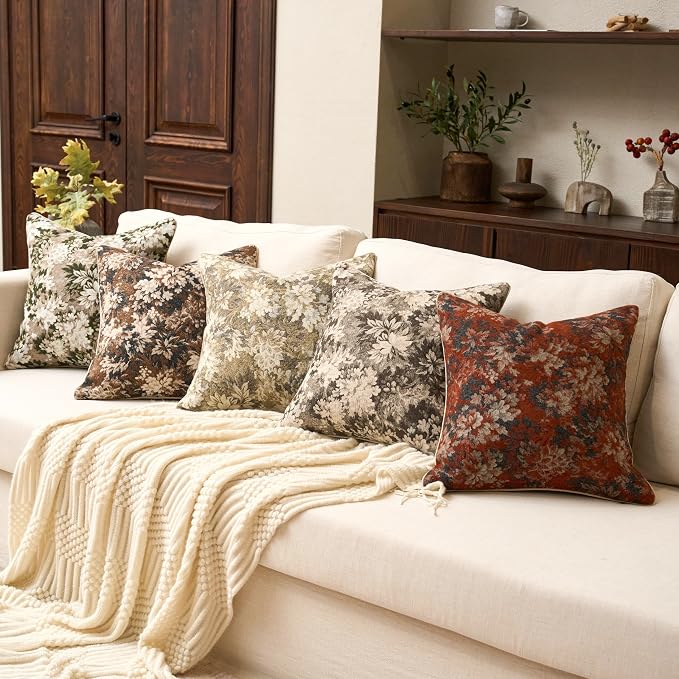 Yangest Neutral Floral Pillow Cover 18 x18 Inches, Vintage Chenille Square Throw Pillow Cover Soft Decorative Farmhouse Accent Couch Pillow Cover for Living Room Bedroom, Grey