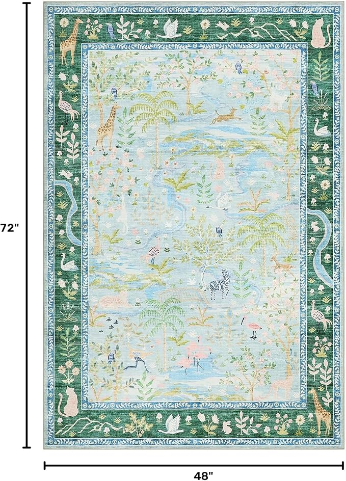 4x6 Whimsical Safari Nursery Area Rug Washable Non Slip Small Living Room Rugs Low Pile Animal Print Girs Bedroom Blue Throw Carpet Forest Fairy Tale Area Rugs for Entry Kids Room, Teal/Blue