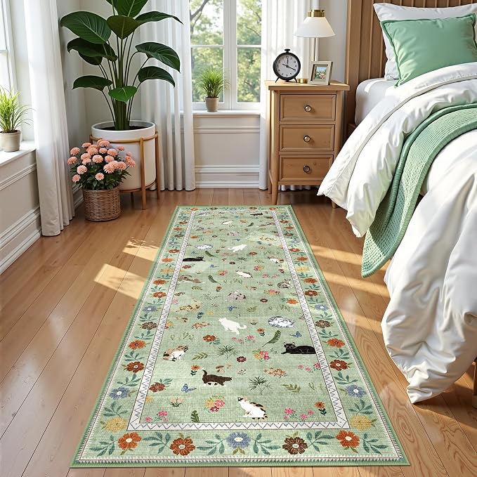 AIMPEAK Green 2x6 Non Slip Runner Rug - Washable Cat Floral Kitchen Carpet with Rubber Backing, Soft Low Pile Long Mat for Kitchen, Laundry Room, Bedroom, Bathroom, Hallway, Green Multi