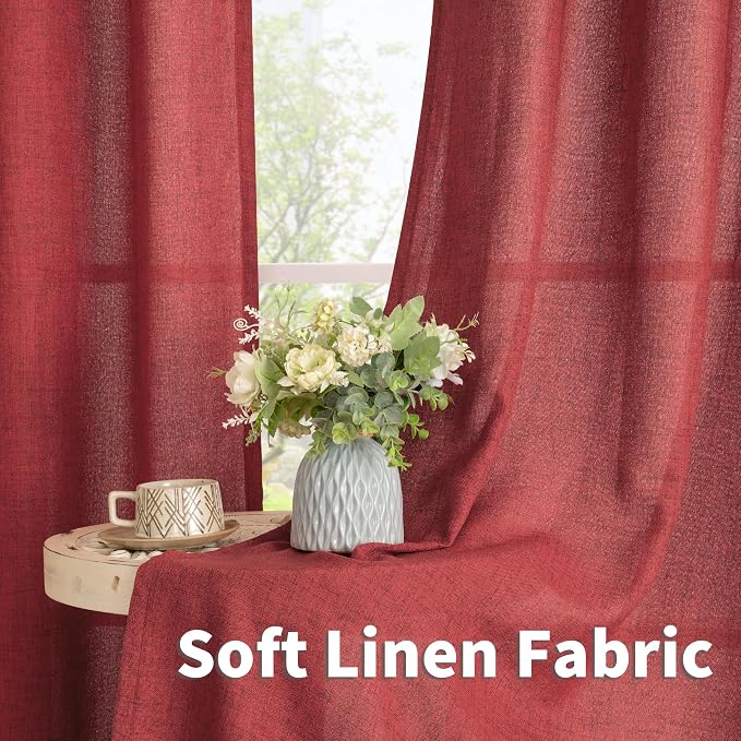 YoungsTex Burgundy Red Linen Curtains 54 Inch Length for Living Room, Light Filtering Window Drapes Semi Sheer with Bronze Grommet Privacy for Bedroom Living Room, 42 x 54 Inch, 2 Panels