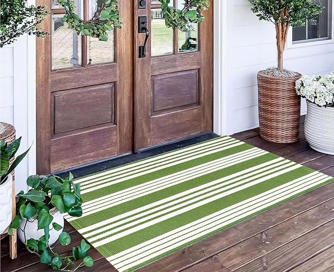 Green and White Striped Outdoor Rug 24'' x 51'' Front Porch Rug Hand-Woven Machine Washable Layered Door Mats for Entryway/Bedroom/Outdoor