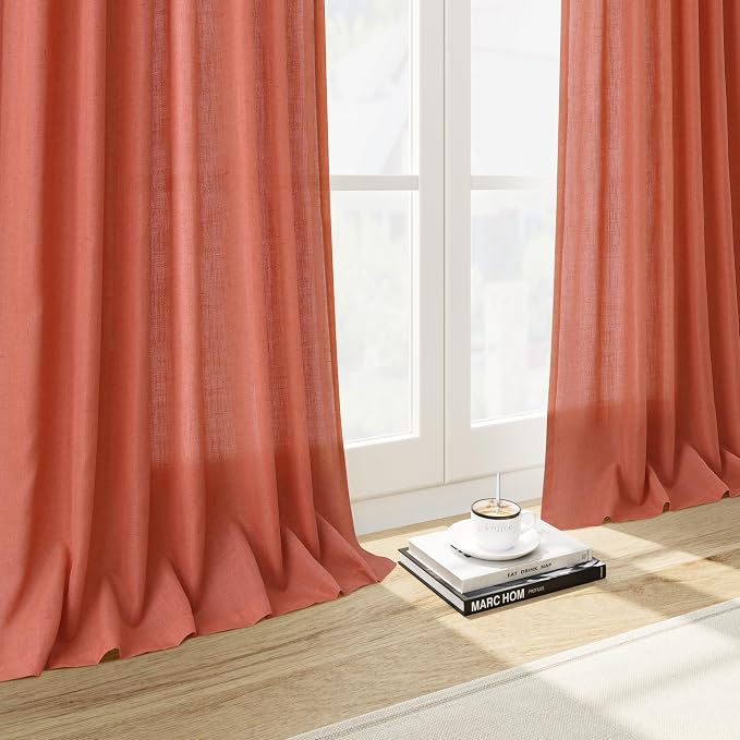 Coral Linen Curtains 108 Inches Long 2 Panels Set Back Tab Loop Pocket Light Filtering Semi Sheer Boho Large Window Decor Extra Long Drapes for High Ceiling Living Room 52x108