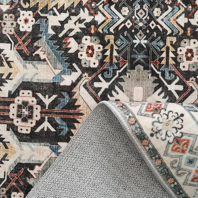 Entryway Washable Area Rug 2x3 - Small Doormat Vintage Distressed Rugs Oriental Non-Slip Stain Resistant Carpet Soft Thin Non-Shedding Indoor Floor Mat for Bedroom Bathroom Kitchen(Black,2x3)