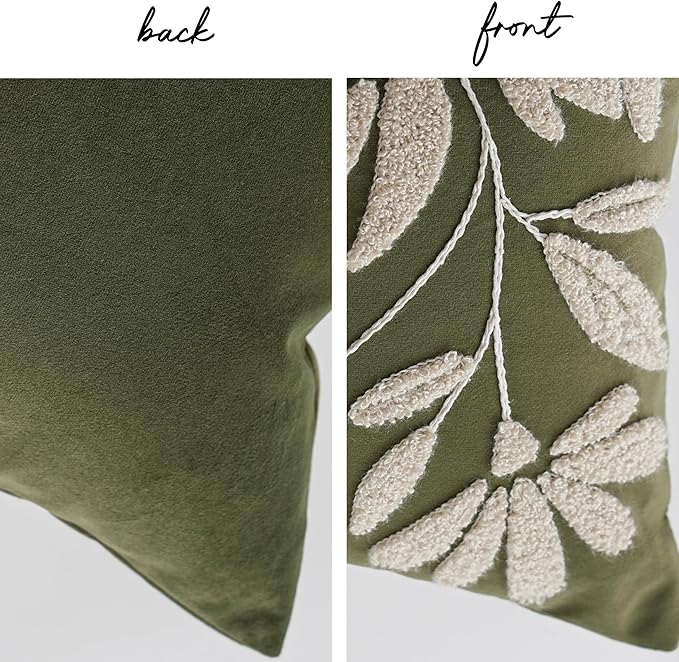 BlissBlush Decorative Throw Pillow Cover 20x20 Inch, Olive Green Floral Tufted Velvet Accent Pillow Case for Sofa Bed Living Room, Cover Only