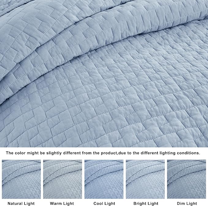 PALASSIO Baby Blue 100% Cotton Quilt Queen Size Bedding Sets with 2 Pillow Shams, Textured Lightweight Soft Bedspread Shabby Chic Coverlet, Neutral Quilted Comforter Bed Cover for All Season, 3 Pieces