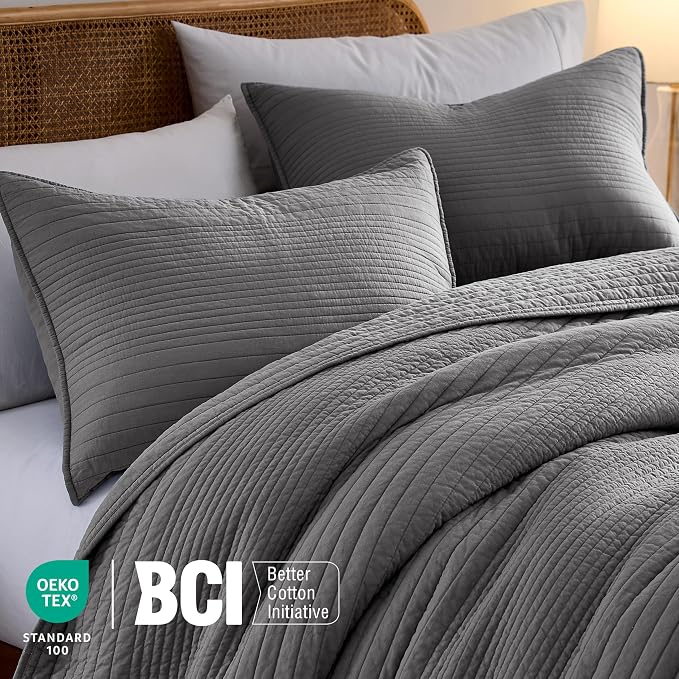 palassio Striped Dark Grey 100% Cotton Quilt Twin Size Bedding Sets, Lightweight Crinkly Channel Pick Stitch Textured Bedspread Soft Shabby Chic Farmhouse Country Coverlet for All Season, 1 Sham