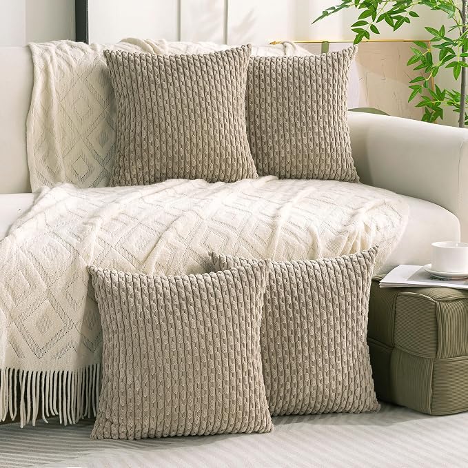 Set of 4 Taupe Decorative Throw Pillow Covers 20x20 Inch Corduroy Pillow Covers for Bed Couch Sofa Living Room Soft Square Cushion Cases