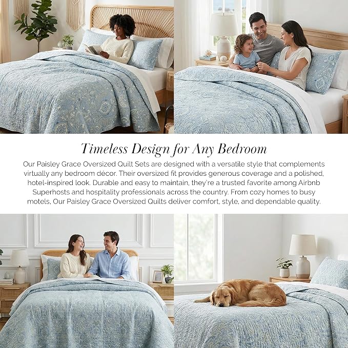 Southshore Fine Living, Inc. Boho Quilt Set, Lightweight Bedspread for Summer, Coverlet King Size, Paisley Bedding Set with Two Matching Pillow Shams, California King Quilts, Blue Paisley Quilt