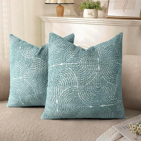 AELS Boho Decorative Textured Throw Pillow Covers 18x18, Modern Mid Century Rainbow Tufted Pillow Case, Farmhouse Rustic Geometric Woven Cushion Case for Bed Couch Sofa, Green