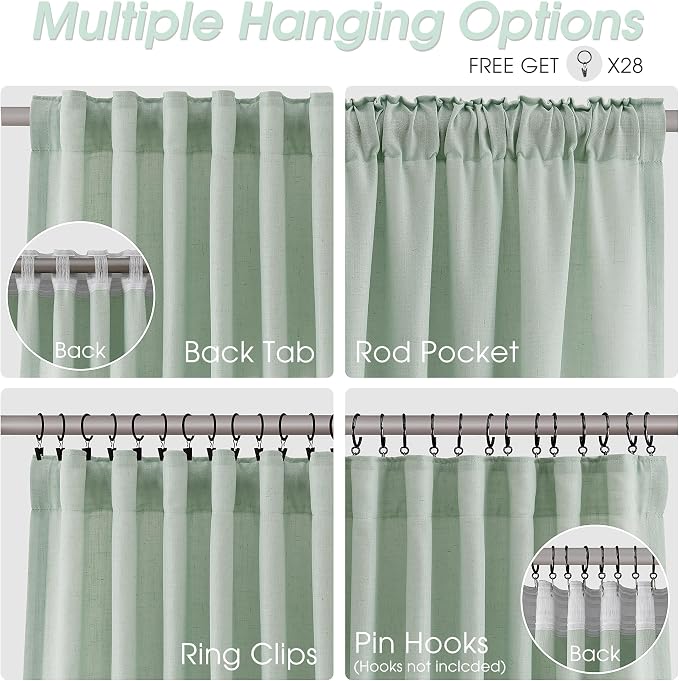 Extra Long Linen Curtains 120 Inches for Living Room Back Tab Semi Sheer High Floor to Ceiling 10ft Light Filtering Curtain Boho Farmhouse Decor Window Drapes for Bedroom 2 Panels Aqua Green