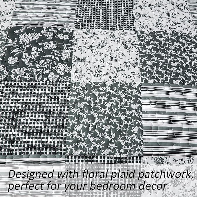 Mybedsoul Black Grey Boho Quilt Twin Size, Floral Bedspread Dorm Bedding | Soft Lightweight Patchwork Quilt, 2 Pieces Plaid Coverlet Set for All Seasons, Reversible Bedding Set 68"×86"