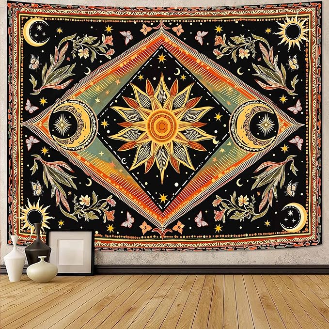 Accnicc Hippie Sun and Moon Tapestry Boho Mandala Floral Wall Tapestry for Bedroom Aesthetic Vintage Plant Celestial Colorful Small Tapestries Wall Hanging for Dorm Living Room Decor 48 x 36 Inch