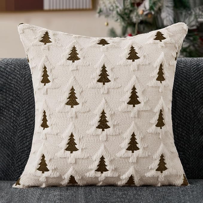 Allorry Christmas Pillow Covers 18x18 Set of 2 Cream White Brown Xmas Tree Pillow Covers Soft Plush Faux Fur Christmas Decorations for Xmas Winter Holiday Home Bedroom Sofa Cushion Cases PT-008H18