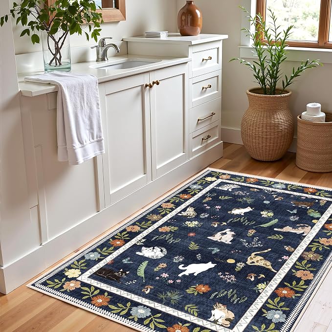 AIMPEAK 2x3 Washable Door Mat - Non Slip Low Pile Cat Floral Boho Small Area Rug for Entryway, Kitchen, Front Door, Indoor Entrance, Kids Room Throw Rug Carpet, Navy Blue Multi