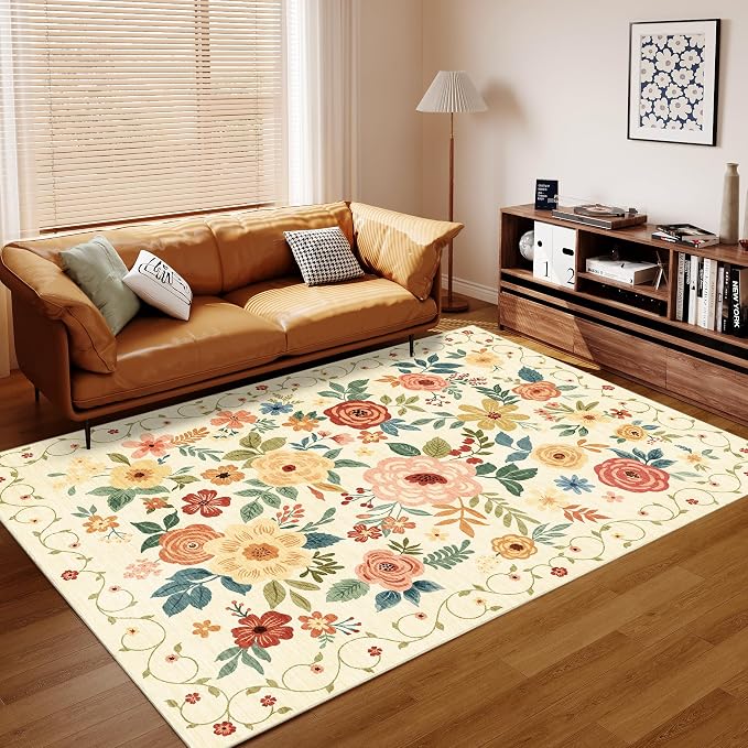 DUKINO 5x7 Area Rug Floral Washable Living Room Rug Non Slip Beige Yellow | Soft, Low Pile, Stain Resistant Indoor Rug for Bedroom, Dining Room, Office, Pet Friendly, Lightweight, Modern Home Decor