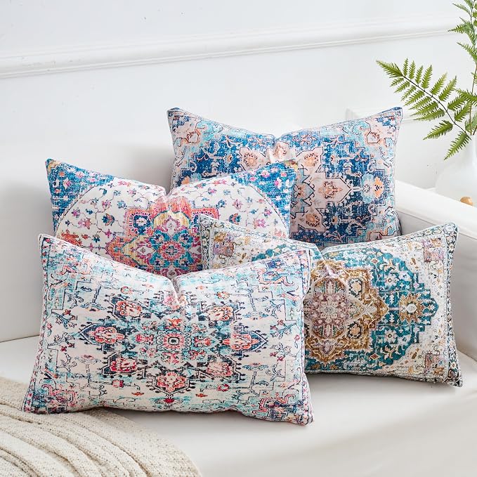Lumbar Throw Pillow Covers 12x20 Inch Set of 4 Washable BOHO Vintage Style Decorative Throw Pillow Cases Soft Velvet Farmhouse Decor Retro Cushion Covers for Couch Sofa Bed Living Room Outdoor