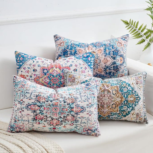 Lumbar Throw Pillow Covers 12x20 Inch Set of 4 Washable BOHO Vintage Style Decorative Throw Pillow Cases Soft Velvet Farmhouse Decor Retro Cushion Covers for Couch Sofa Bed Living Room Outdoor