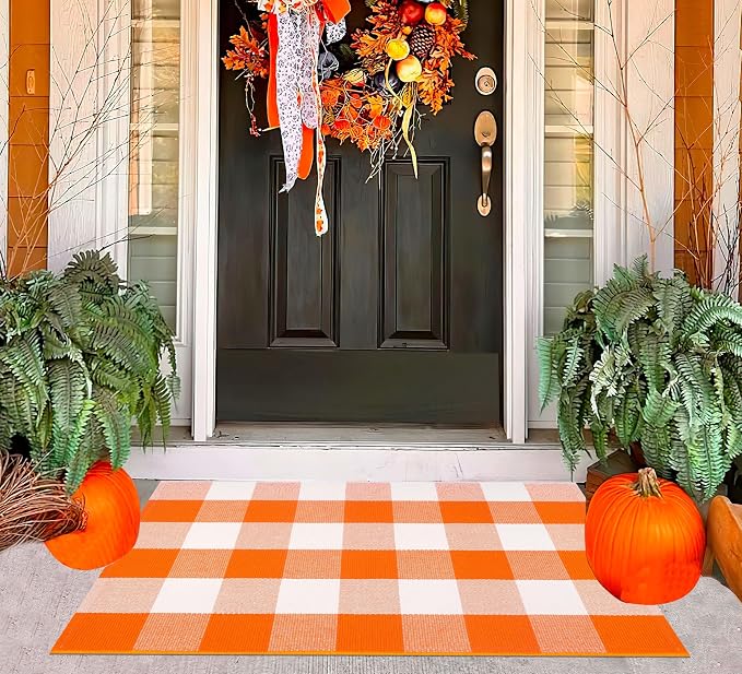 Fall Door Mat Outdoor 24''x35''Orange and White Outdoor Porch Rug Cotton Woven Washable Layered Doormat for Halloween Door Mat,Kitchen,Farmhouse,Entryway