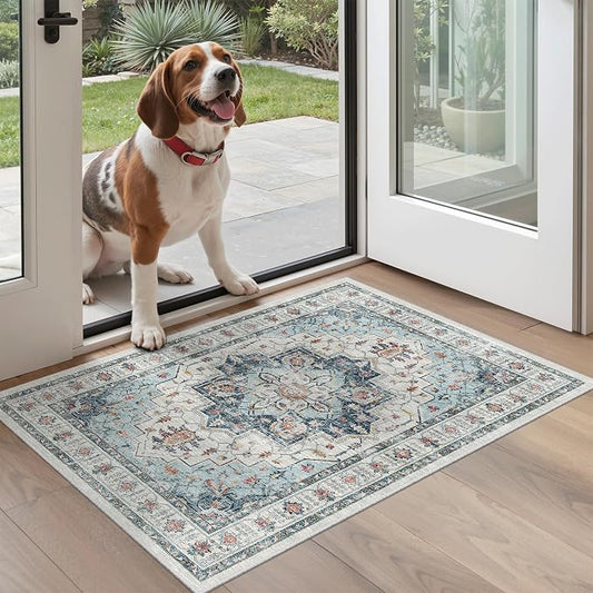 Madane Washable Area Rug 2x3 Small Entryway Rugs Non-Slip, Blue | Vintage Stain-Resistant Door Mat Indoor Entrance, Low Pile Floor Carpet for Inside Front Bedroom Kitchen Entry Laundry, Stair
