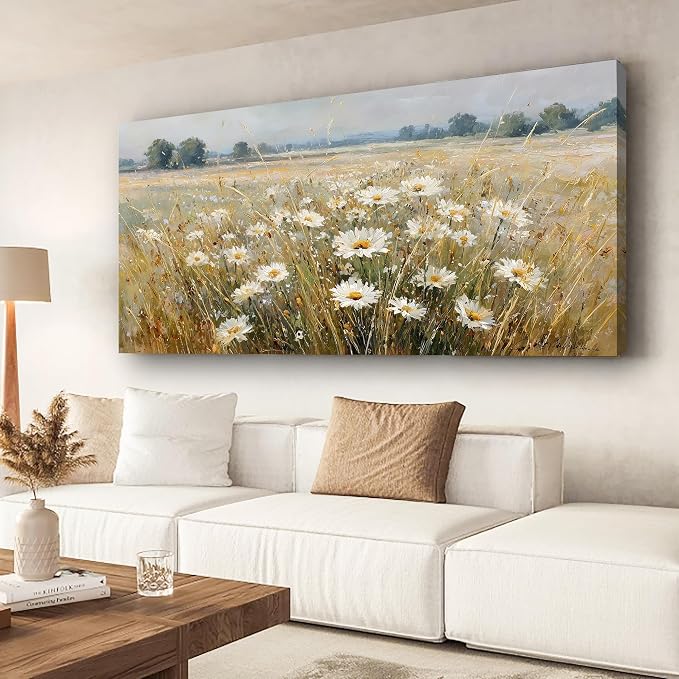 Abstract White Flower Landscape Picture Canvas Art Hanging Living Room Dining Room and bedroom,Grassland scenery Wall Art Prints Modern Style Artwork Waterproof Ready to Hang - 20x40 Inch