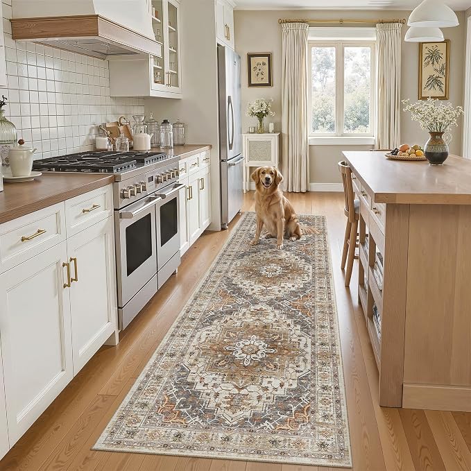 Madane Hallway Runner Rug 2x8 Washable Kitchen Rugs Non-Slip, Turmeric/Grey | Vintage Machine Washable Low-Pile Floor Carpet 8ft, Soft Ultra-Thin Throw Entry Foyer Mat for Entrance Laundry Living Room