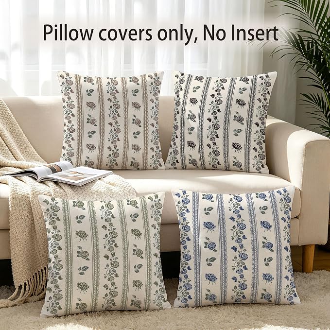 Hexagram Vintage Throw Pillow Covers 18x18, Floral Green Pillow Covers | Dusty Green, Set of 2, Boho Farmhouse Neutral Decorative for Couch Pillows, Home Decor, Bedroom, Living Room, No Insert