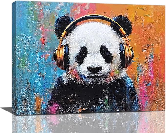 Crekviy Banksy Panda Wall Art Street Graffti Panda Wall Decor Funny Animal Canvas Prints Painting Artwork Decorations for Bathroom Bedroom Living Room Framed Gifts 12"x16"
