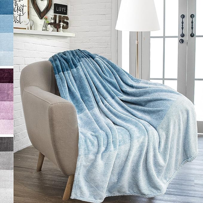 PAVILIA Teal Blue Ombre Fleece Throw Blanket for Couch Sofa Bed, 50x60