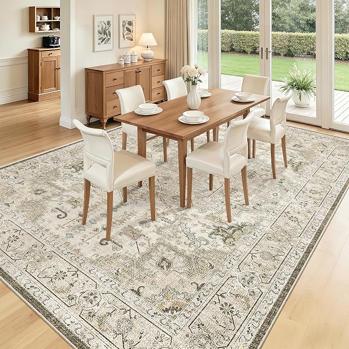 Madane 8x10 Area Rugs for Living Room, Non-Slip Washable Rug, Ivory/Brown | Ultra-Thin Stain Resistant Vintage Large 8'X10' Carpet, Low-Pile Floor Mat For Bedroom Dining Room Office Home Decor