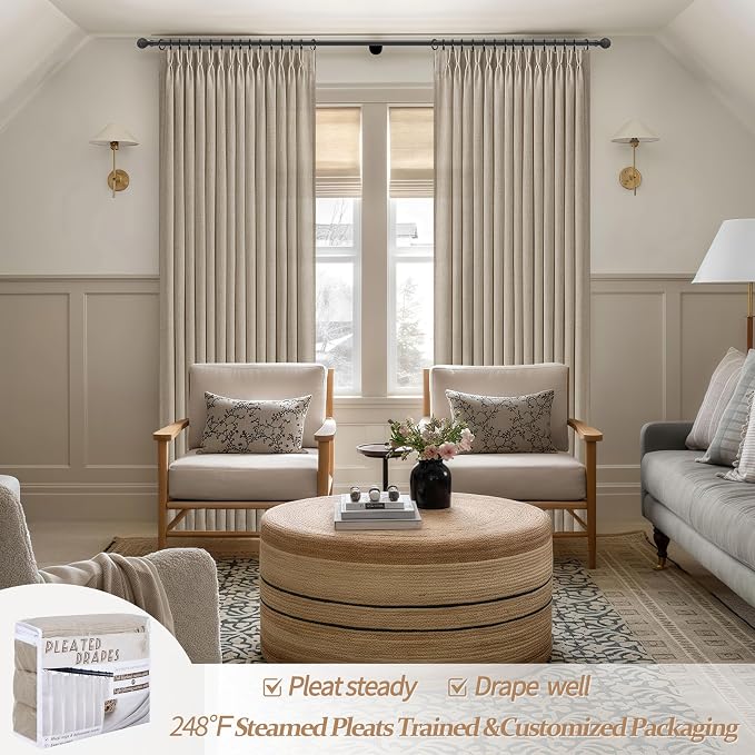 Light Brown Natural Linen 100 Inch Patio Curtains for Sliding Glass Door, Neutral Pinch Pleated Light Filtering Bedroom Sheer Aesthetic Windows Curtain Back Tab 2 Panels Set Taupe Beige Drapes 8-1/3FT