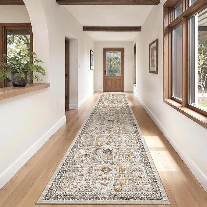 Madane Hallway Runner Rug 2'6''x14' Kitchen Runners Vintage, Brown/Gold | Long Non-Slip Washable Rugs 14ft for Entryway Laundry and Bedroom, Stain-Resistant Low-Pile 2.5x14 Ft Floor Carpet
