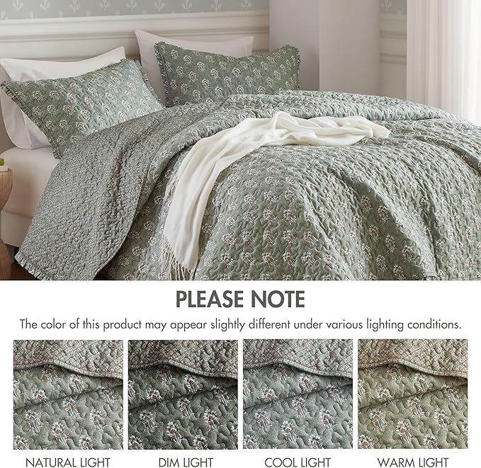 Madison Park Vintage Floral Quilt Set, 3PC King/Cal King Reversible Bed Set | Lightweight Bedspread Set with 2 Shams, Traditional Block Print Coverlets with Ruffled Edge, Sage Green